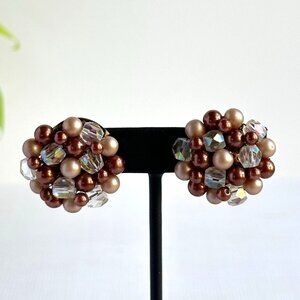 Vintage Clip-On Cluster Earrings with AB Beads & Faux Pearls In Bronze